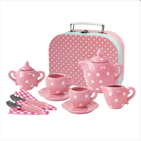 PINK POLKA DOT PORCELAIN TEA SET 13PCS image 0